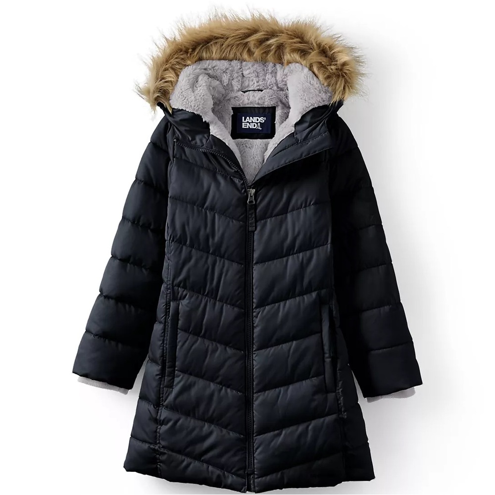 Size S 7/8 kids Lands' End Kids black  Puffer Jacket with Faux Fur Trim